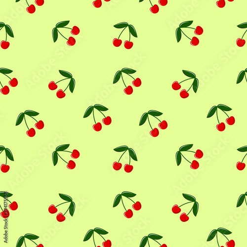 Colorful cherry with leaves seamless pattern.