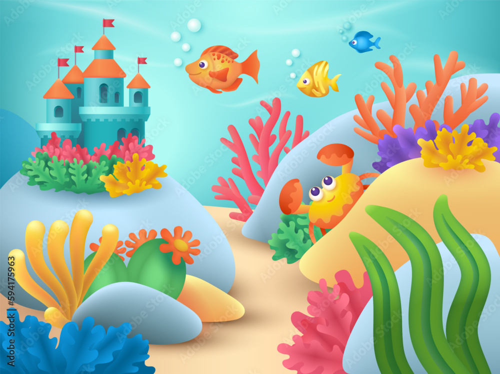 Fototapeta premium Underwater creatures and aquarium castle 3D illustration. Cartoon drawing of corals and seaweed, cute fish and crab characters in sea, ocean or aquarium in 3D style. Summer, nature, wildlife concept
