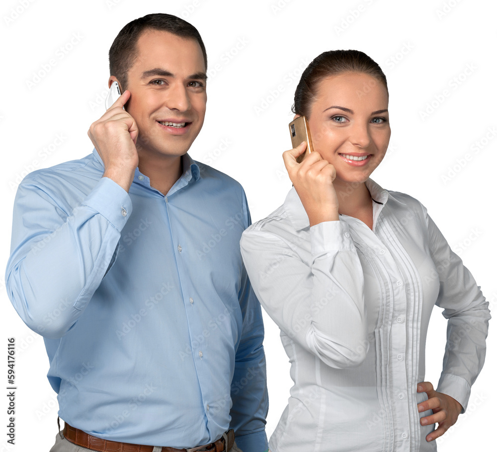 Young business couple using smart phones isolated on white background Young business couple using smart phones isolated on white background