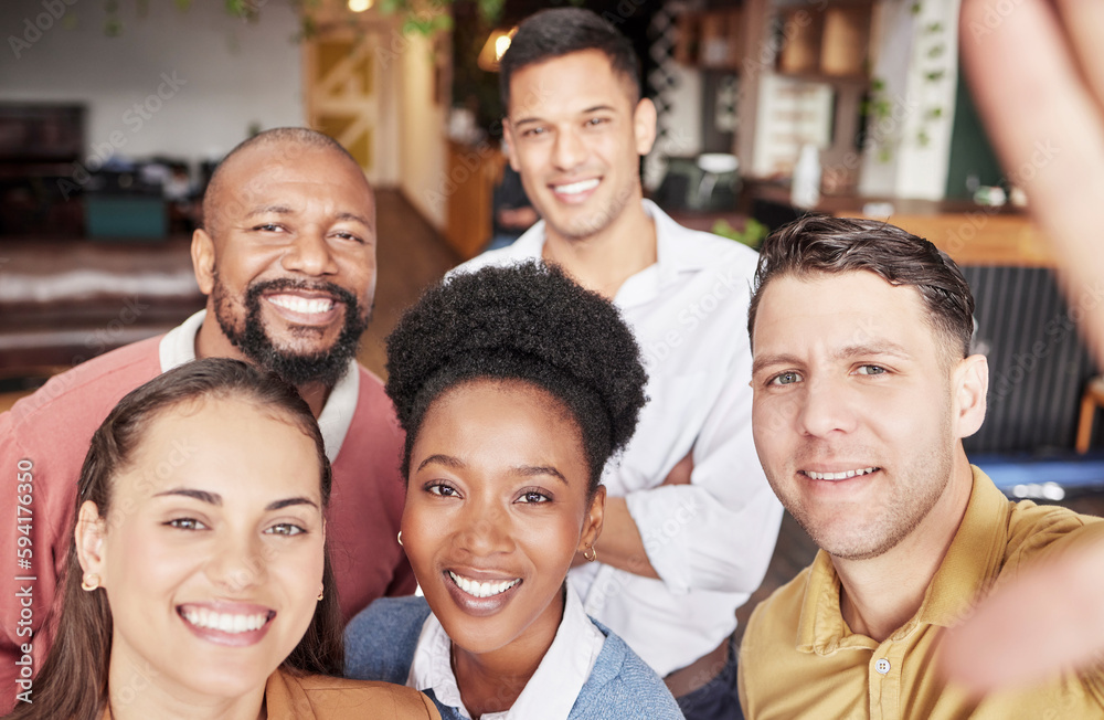 Business people, portrait smile and selfie for social media, profile picture or team building at the office. Group of happy employee workers smiling for photo, memory or online vlog at the workplace