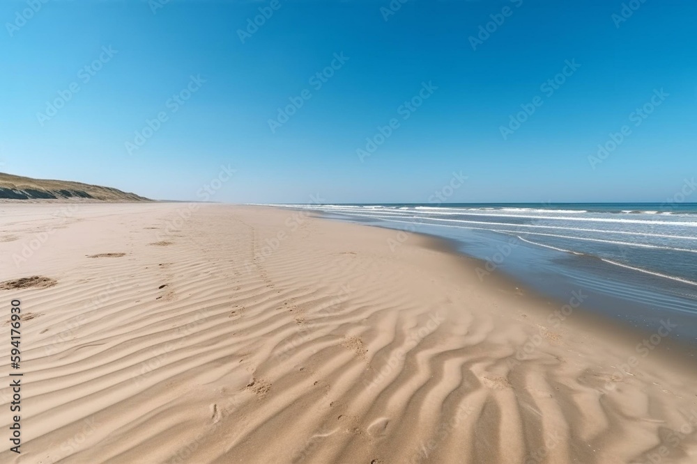 Panoramic wide view of an empty  sand beach with sea and blue sky by a sunny day. Seascape background with copy space. Generative AI