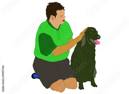 A man pets his dog in an expressive painting