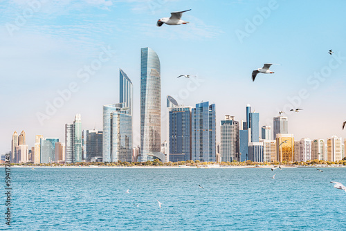 Marvel at the towering skyscrapers of Abu Dhabi, and flock of seagulls flying by