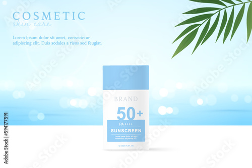 Sunscreen product ads template on ocean background with leaves.