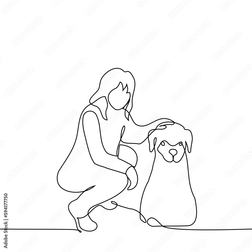 woman squatting petting a dog - one line drawing vector. concept dog owner petting the dog