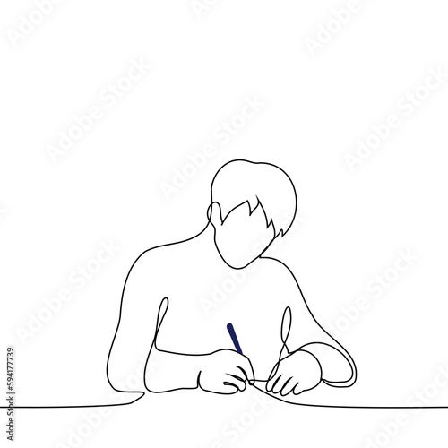 Fototapeta Naklejka Na Ścianę i Meble -  man sits at the table and writes with a pen - one line drawing vector. concept write, sign, handwriting