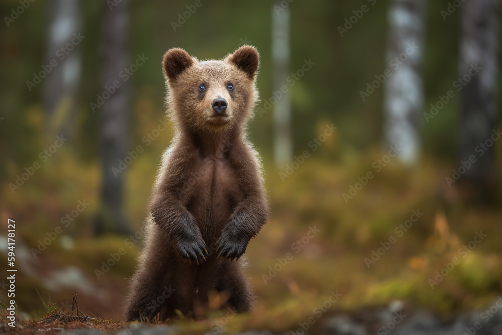 Fototapeta premium Portrait d'un bébé ours debout dans la forêt » IA générative