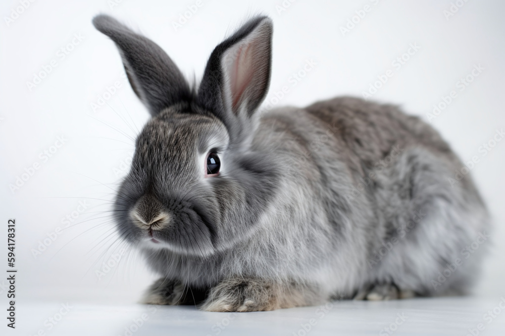 Portrait d'un lapin poilu gris foncé sur fond clair » IA générative
