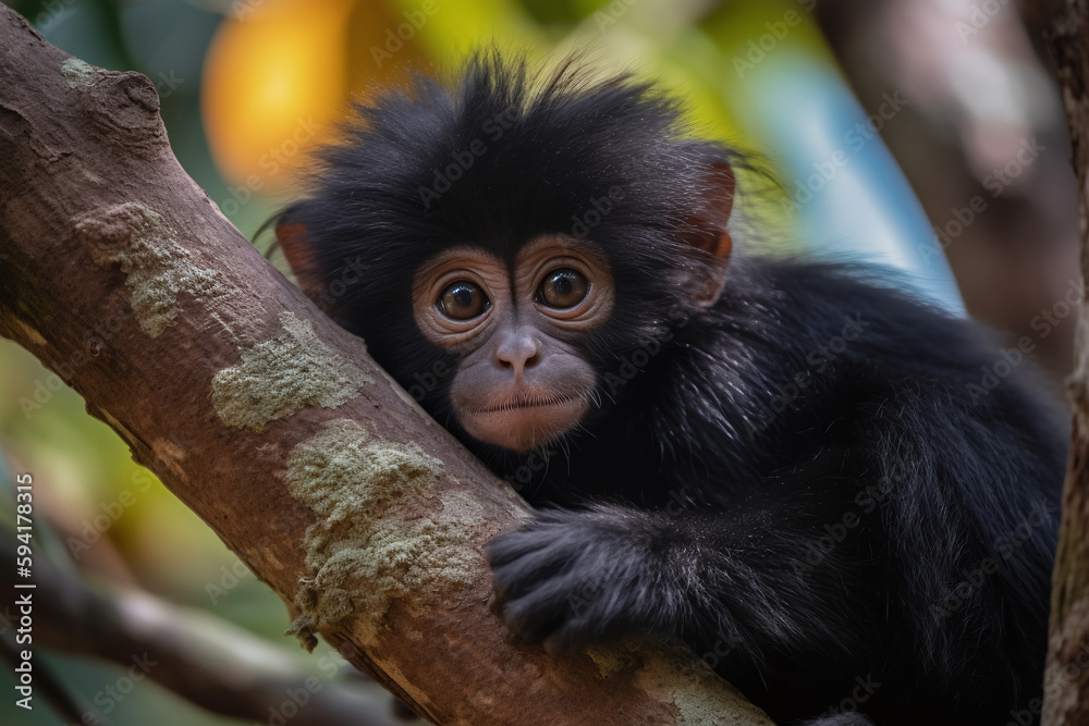 Obraz premium Portrait d'un bébé singe noir poilu sur un tronc d'arbre » IA générative