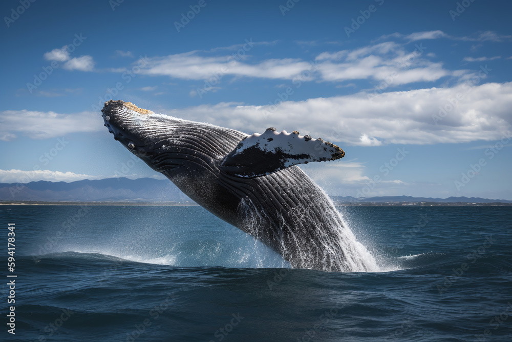 Fototapeta premium Portrait d'une baleine sautant hors de l'eau avec ciel nuageux » IA générative