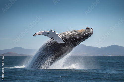 Portrait d'une baleine sautant hors de l'eau sous un ciel bleu » IA générative © Maelgoa