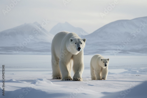 Portrait d un b  b   ours polaire se baladant avec sa m  re    IA g  n  rative