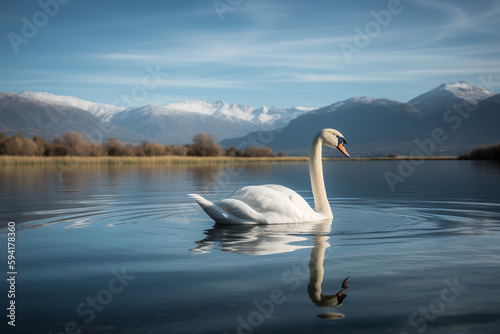 Portrait d un cygne blanc sur un lac    la montagne    IA g  n  rative