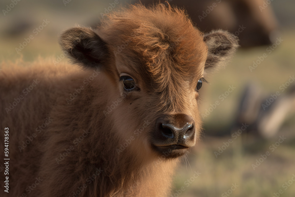 Portrait d'un bébé bison marron dans un champs » IA générative