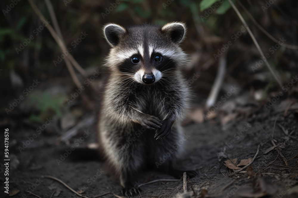 Fototapeta premium Raton laveur sur un chemin de terre dans la forêt » IA générative