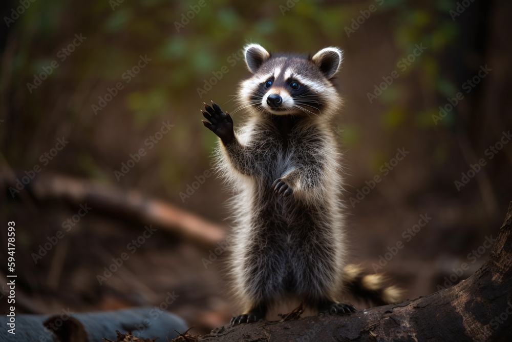 Fototapeta premium Raton laveur debout dans la forêt disant bonjour de la patte » IA générative