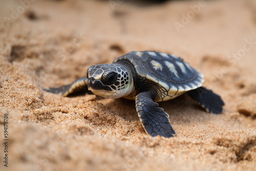 Portrait d'un bébé tortue sortant du sable sur une plage » IA générative