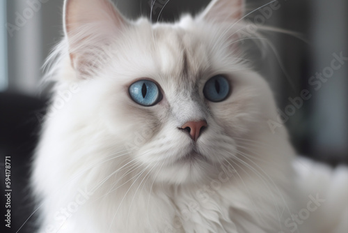 Gros plan sur un chat blanc poilu aux yeux bleus » IA générative