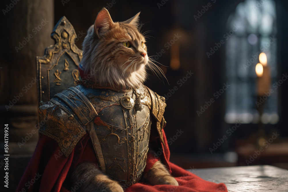 Portrait d'un chat roi avec couronne en or au temps du moyen age » IA générative