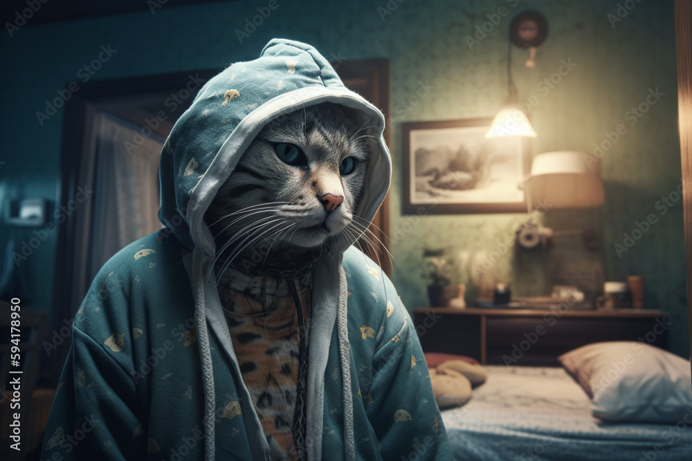 Portrait d'un chat anthropomorphe avec sweat à capuche dans une chambre » IA générative