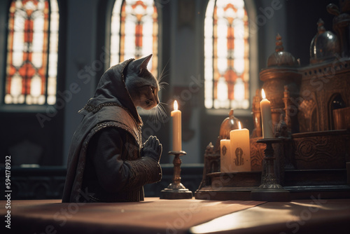 Chat en habit de prêtre priant dans une église » IA générative photo