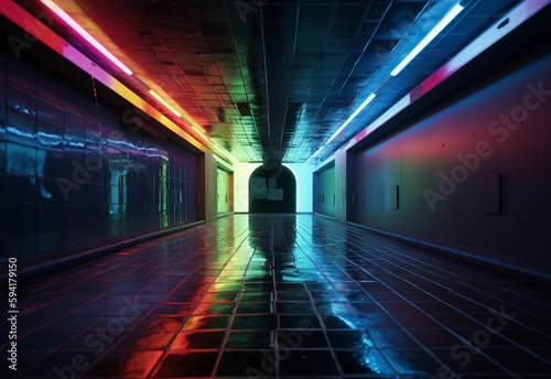 Futuristic technicolor corridor  glossy concrete   grunge  cyber-retro underground feel - generative ai
