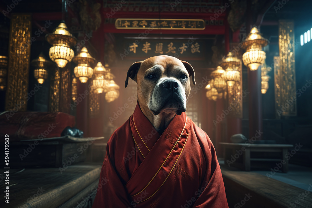 Portrait d'un chien moine shaolin dans un temple avec des lampions éclairés » IA générative - obrazy, fototapety, plakaty 