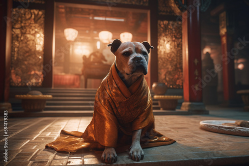 Portrait d'un chien moine shaolin à l'entrée d'un temple » IA générative photo