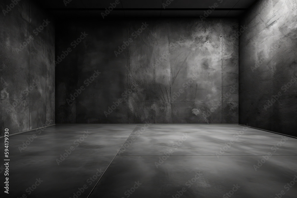Dark black and gray abstract cement wall and interior textured studio room for product display. Wall background	