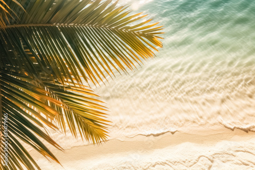 Summer background. Palm leaves on wave beach. Generative ai. © tonktiti