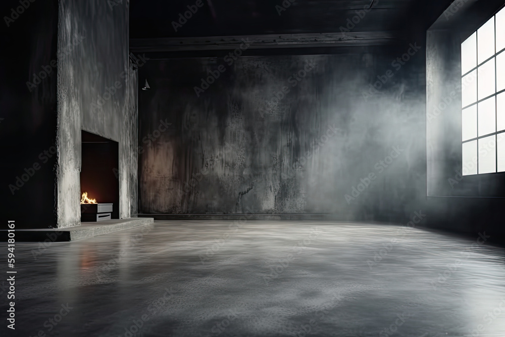 Obraz premium Dark black and gray abstract cement wall and interior textured studio room for product display. Wall background 