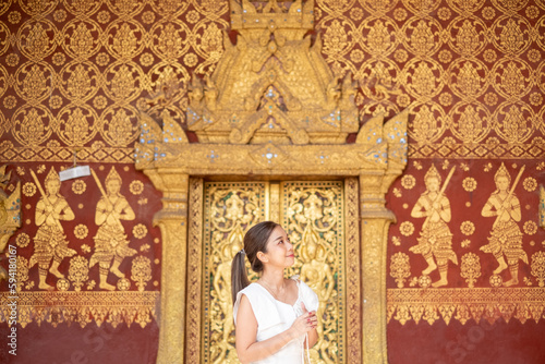 Portrait of An Asian Woman at Wat Sene Souk Haram ,Luang Prabang, LAOS 