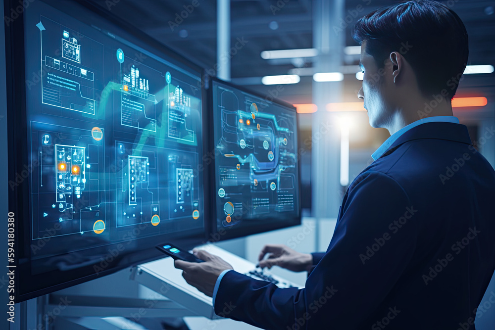 Engineer manager monitors and controls robot arm automation in smart factories in real time monitoring system software, welding robots and digital manufacturing operations	