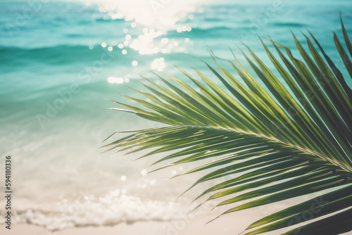 Summer background. Palm leaves on wave beach. Generative ai.