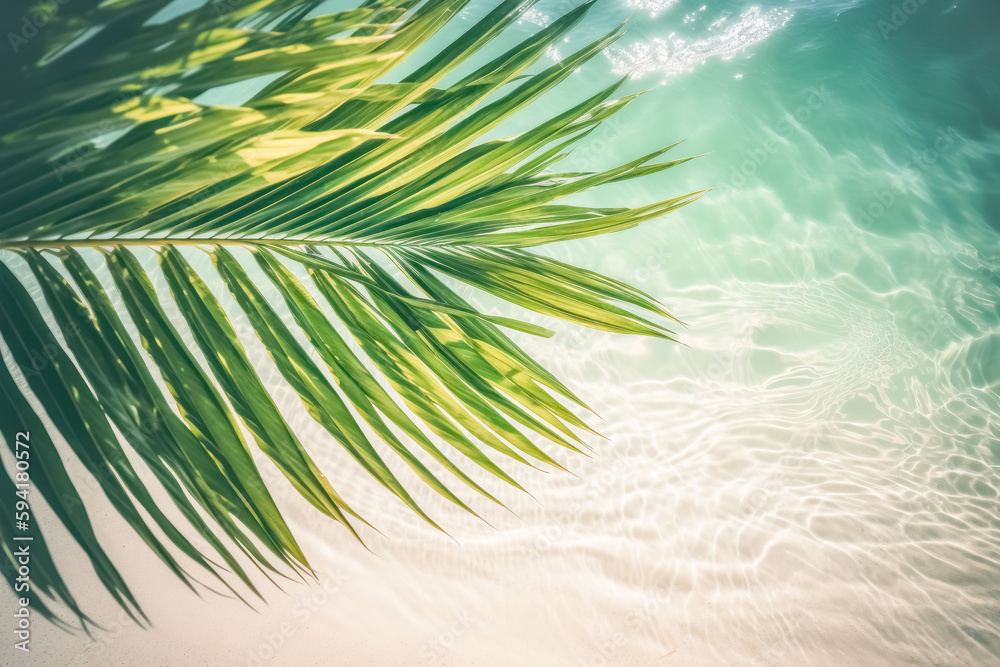 Summer background. Palm leaves on wave beach. Generative ai. Summer background. Palm leaves on wave beach. Generative ai.