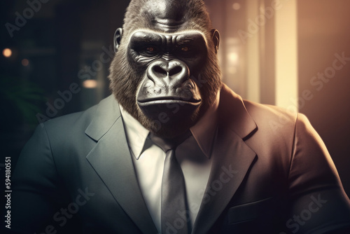 Portrait d'un gorille businessman dans les couloirs de sa société » IA générative photo