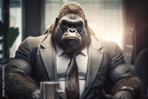 Leinwand Poster Gorille chef d'entreprise dans les bureaux de sa société » IA générative