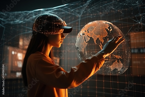 A woman in a hard hat holding a glass globe created with Generative AI technology