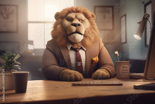 Portrait d'un lion businessman à son bureau » IA générative
