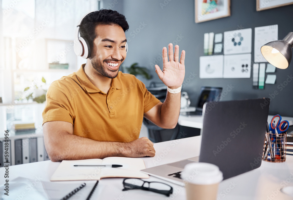 Man, headphones and laptop, video call with smile and wave hello, remote work with workshop webinar. Communication, working from home and virtual meeting seminar, happy male freelancer and internet