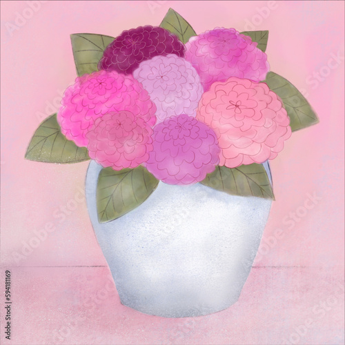 ピンク色の花のイラスト、花と白い壺のイラスト、白い花器に入れたピンク色の花のイラスト