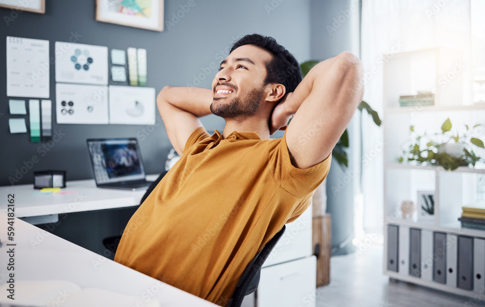 Happy, business and Asian man relax, rest and stretching in workplace, happiness and calm thinking. Male employee, creative and worker with smile, creativity and brainstorming for project or thoughts Happy, business and Asian man relax, rest and stretching in workplace, happiness and calm thinking. Male employee, creative and worker with smile, creativity and brainstorming for project or thoughts