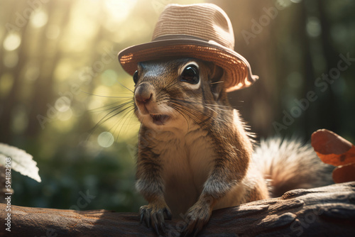Gros plan d'un écureuil se protégeant du soleil dans la forêt » IA générative © Maelgoa