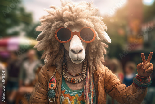 Mouton style hippie dansant lors d'un festival de musique » IA générative © Maelgoa