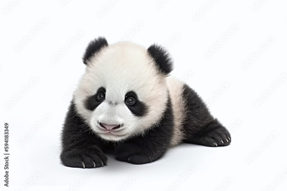 Fototapeta premium Portrait d'un bébé panda allongé sur le sol sur fond blanc » IA générative