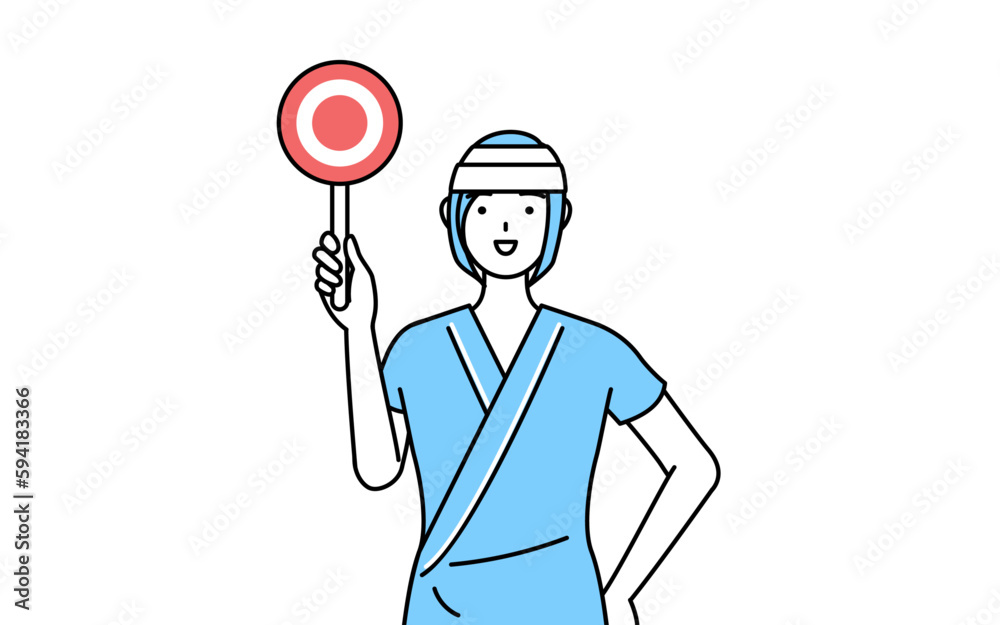 正解を示すマルの棒を持つ頭に包帯を巻いた女性入院患者