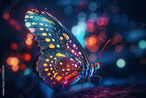 Obraz Gros plan sur un papillon coloré éclairé de néons » IA générative