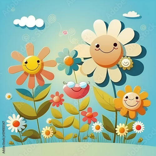 Happy easy cute cartoon illustration of a garden scene with a cute cartoon flower generative aI