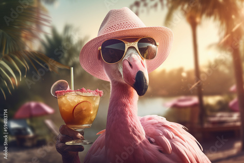 Portrait d'un flamant rose prenant un cocktail » IA générative