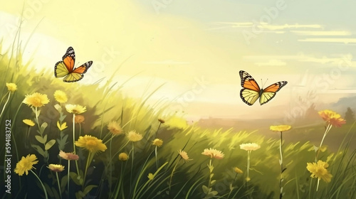 Spring field with flowers and butterflies new quality universal colorful technology illustration design generative ai
